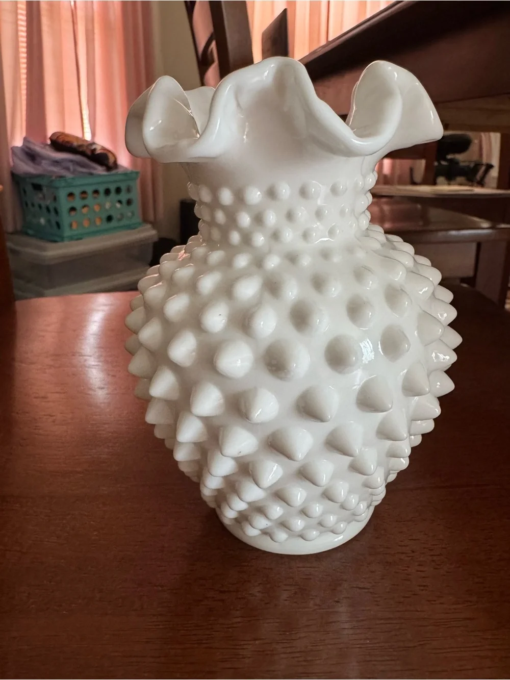 Fenton Hobnail Glass Vase White Milk Glass Ruffled Edge 5” Tall